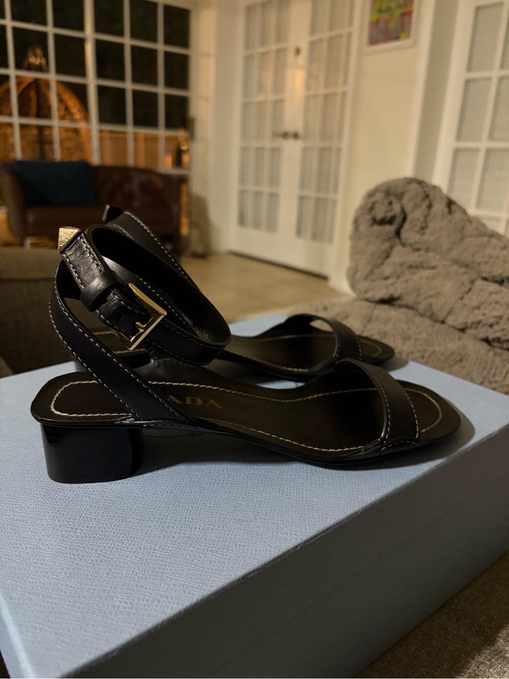 Prada Black Leather Ankle-Strap Block Heel Sandals - Women